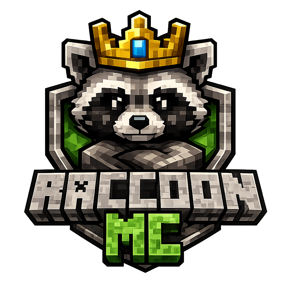Raccoon MC logo — a crowned pixel-art raccoon